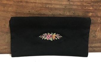 Vintage Black Fabric Clutch with Floral Embroidery, Metal Zipper, Pink Satin Lining, Wedding Clutch, Vintage Black Clutch, Black Evening Bag