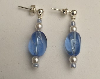Hand Crafted Blue and Cream Beaded Earrings.
