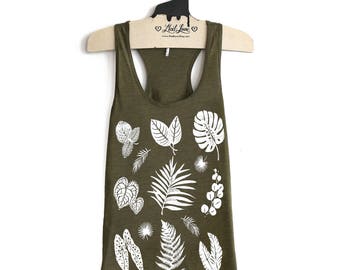 Small -Olive Racer Back Tank with Plant Screen print