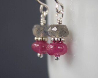 Pink Sapphire Earrings, Labradorite Earrings, Gemstone Earrings, Short Earrings, Dangling Earrings, September Birthstone