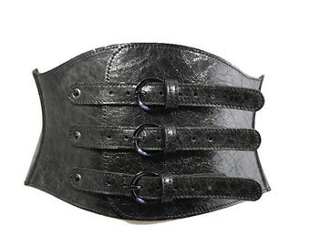 Black leather corset belt Womens wide belt Waist cincher Steampunk corset Steampunk belt