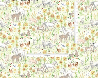 Farm Animal Fabric, Farm Quilt Fabric, Red Rooster Fabrics Country Days 26617, Heidi Boyd, Pigs, Sheep, Horses, Rabbit, Sunflowers, Cotton