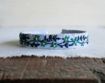 Blue Floral Bracelet - Hand Embroidered Cuff Bracelet - Fabric Jewelry - Gift Under 50