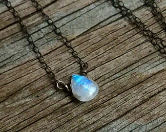 Natural tiny Rainbow Moonstone pendant. Small White moonstone Necklace. Oxidized silver chain. Delicate jewelry. June birthstone