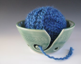 Ceramic Pottery Yarn Bowl Knitting Bowl in Celadon Green with Chattering