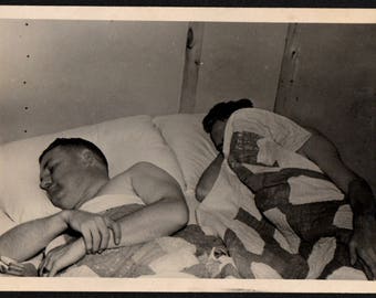 Vintage Snapshot Photo Two Guys Asleep in Bed 1940's, Original Found Photo, Vernacular Photography