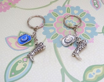 Silver Cowboy Boot with a Blue or Silver Cowboy Hat Keychain/Western Keychain