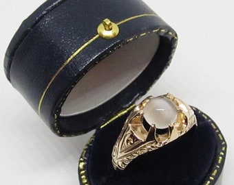 MEMORIAL DAY SALE Antique Victorian Moonstone Engagement Ring 10k Yellow Gold/Engraved Belcher Setting Sz 7.25