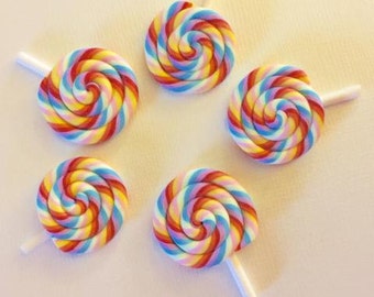 5 Piece Mixed Swirl Lollipops Polymer Clay Cabochons - Kawaii Decoden Flatback Clay (TDK-C1281)