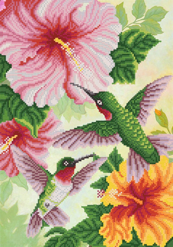 Hummingbirds and Hibiscus DIY bead embroidery kit Needlepoint