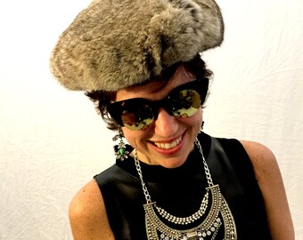 Vintage hat rabbit fur hat wool hat gray hat