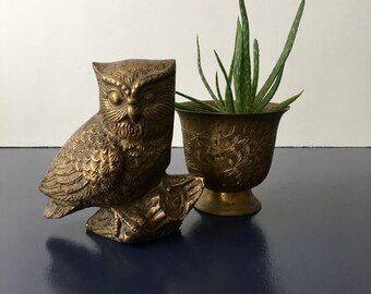 vintage brass owl figurine retro bird on a branch