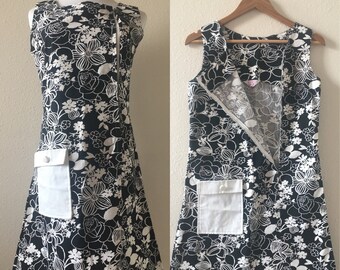 vintage 60's ASYMMETRICAL MOD FLORAL minidress - small, black and white