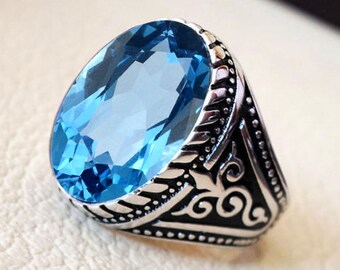 Mens Ring AAA Quality Natural Blue Topaz Gemstone 925 Sterling Silver Designer Wedding Mens Ring