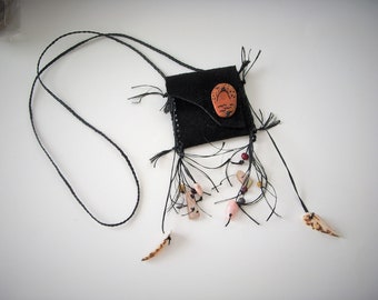 Black Leather Pouch Necklace, Leather Bag Necklace, Boho, Medicine Bag, N637