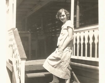 Vintage Snapshot "Tread Lightly" Flapper Dress Porch Stairs Gingerbread Trim Found Vernacular Photograph