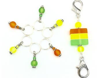 Neon coloured stitch markers- neon yellow beaded holder-green progress keepers-orange markers-set of 6-gift for knitters-crocheters gift