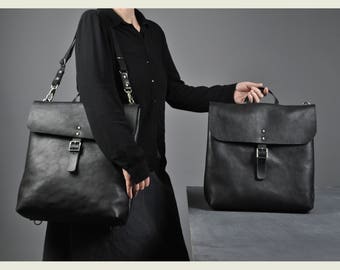 Black Leather Two in One Backpack, Convertible Bag, Black Leather Cross body Bag, Black Leather Tote Bag, Leather Rucksack, Leather Tote