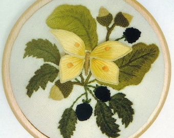 Brimstone Butterfly and Blackberries- crewelwork and stumpwork embroidery