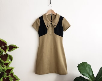 Vintage 60s 70s Mod Black and Brown Collar Mini Dress