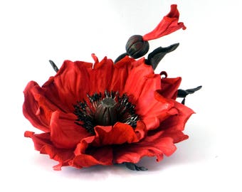 Red poppy flower, Red Poppy Brooch, leather poppy Brooch, Red Poppy Pin, Felt Flower Brooch, Floral jewelry, Natural jewelry, Poppy blossom