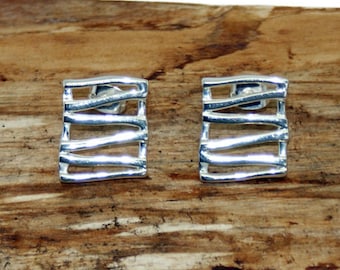 Sterling Silver Rectangle with Lines Earrings - Handmade Silver Earrings - 925 Silver earrings - Sterling Silver Jewellery - Earrings AAE001