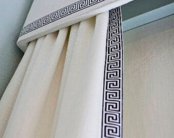Greek Key Trim Curtains and Cornice Custom QUICK SHIP Fabric custom length and width designer trimmed curtains ribbon trim cornice curtains