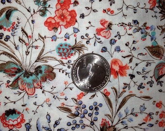 1970's Vintage Fabric White with Orange, Blue, Turquoise & Brown Floral - 1yd