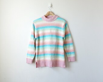 90s Pastel Rainbow Striped Sweater - 90s Sweater Rainbow Sweater Pastel Sweater Boho Sweater Hippie Sweater Vintage Sweater - Women's M