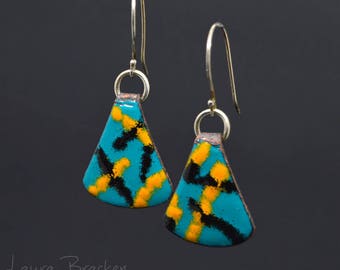 Colorful Enamel Earrings in Teal Black and Orange with Abstract Stripes