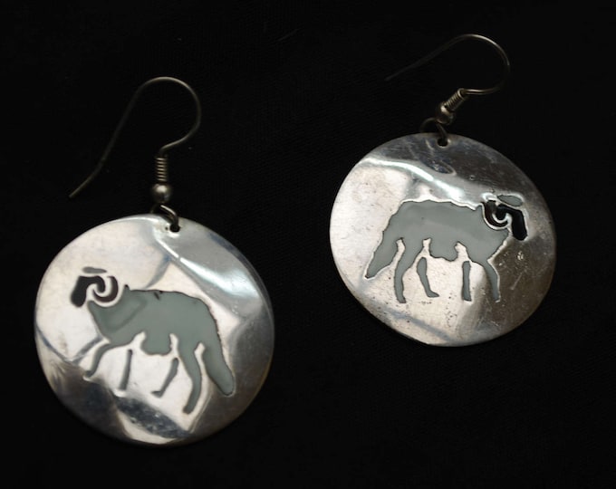 Silver Ram Dangle earrings - Mexico Alpaca - Black white Enamel - figurine earring