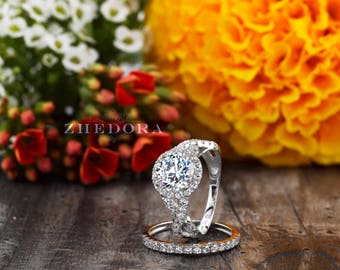 2.25 CT Round Cut Engagement Ring Set 14k/18k White Gold, Round Bridal Set , Moissanite Engagement Ring, Forever One Engagement Ring Zhedora