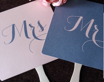 Mr and or Mrs Wedding Day Game Paddle Fan Navy Blue/ Dusky Pink Fun Wedding Photo Props