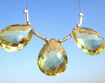 20x15mm Trio of Genuine AAA Lemon Quartz faceted pear shaped briolettes matched pair and a focal pendant