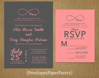 Coral And Navy Laser Cut Wedding Invitations Pocket Style