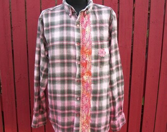 Pink OMBRE Flannel Shirt with Lace - Say Anything Boom Box - Country Altered Festival Clothing - Large