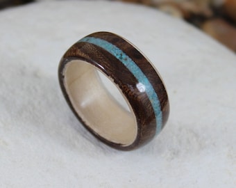 Bent Wood Ring, Walnut Burl & Maple with Turquoise Inlay, Mens Wood Ring, Wood Engagement Ring, Wood Wedding Ring, Wood Ring for Women