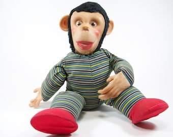 Vintage Stuffed Monkey Toy Doll - 1950s 1960s - Vinyl face and hands Cloth Body