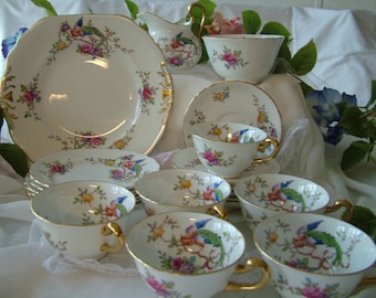 21 piece New Chelsea English fine bone china exotic bluebird pink flowers tea set