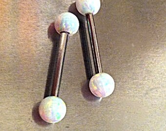 PROMO 15% Off!! 1 Barbell OPAL White 5mm Ball Ends Nipple Tongue 316L Surgical Steel or Yellow Gold Plated or Rose Gold Plated, 14G