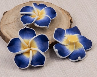 Blue Flower Beads, Polymer Clay, 10 pcs, 30mm, Floral Beads - B9