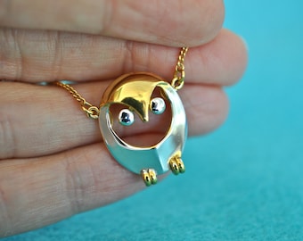 Vintage Signed TRIFARI Owl Necklace, Two Tone, Girl's Jewelry, Girl's Necklace, Trifari Necklace, Trifari Jewelry, Gold Necklace 18-271