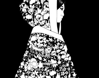 Japanese Ghost Story Illustration // Japanese Ink Print // Limited Edition Print // Black and White Art // Pen and Ink drawing