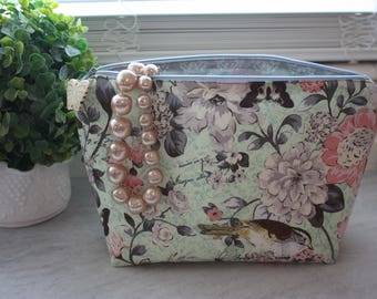 Large Light Green Floral Cosmetic, Wet, or Make-up Bag with Water-Resistant Lining
