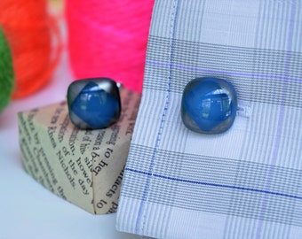 Fused glass Cufflinks - mens cuff links - FREE SHIPPING to UK - steel blue fused glass cuff links - mens accessories - boyfriend gift
