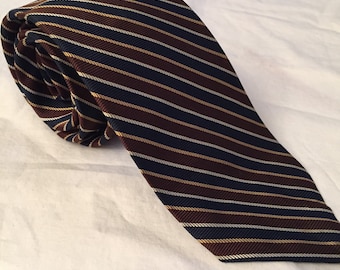 Gold Silver Navy Brown Diagonal Stripe Vintage CHRISTIAN DIOR Silk Necktie