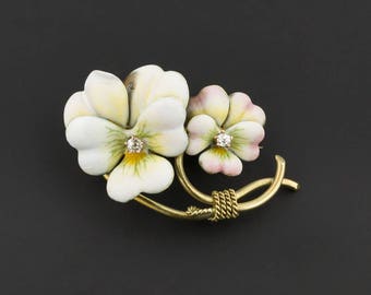 Antique Art Nouveau Enamel Flower Brooch | Antique Brooch | Antique Pansy Pin with Diamonds | Antique Enamel Pin