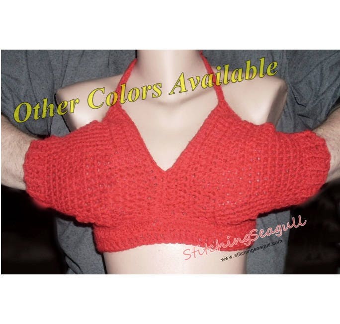 Adult Gag Gift Tittens Boob Mitten Top Crochet Bra Mitten