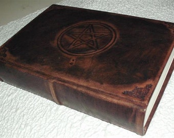 HANDMADE LEATHER JOURNAL, blank book of shadows, engraved pentacle