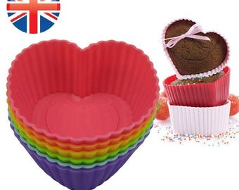 Silicone Heart Shaped Cup Cake Muffin Case x6 Jelly Baking Decorating UK SELLER